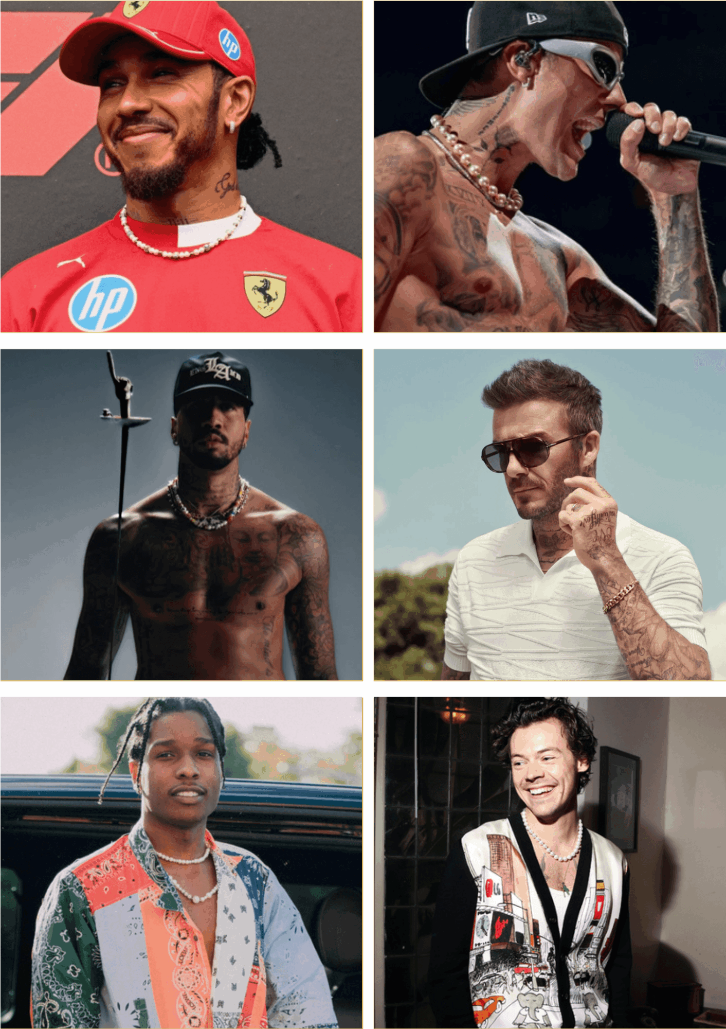 Six images of diverse people, including a smiling man in a red cap, a singer performing, a shirtless man with tattoos, a man with sunglasses, a woman with braids, and a woman smiling indoors.
