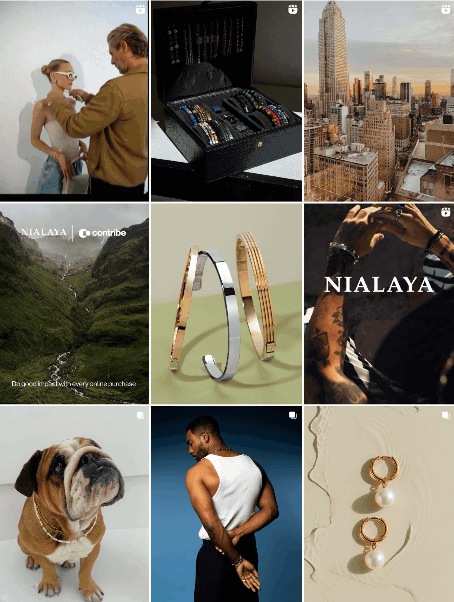 Collage of nine images: a person with a child, jewelry box, city skyline, mountain landscape, gold and silver rings, person with a dog, person in a white tank top, jewelry, and a dog.