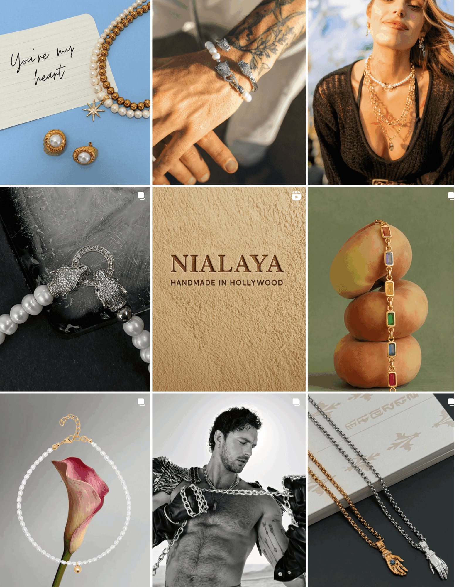Jewelry including earrings, bracelets, necklaces, and a ring displayed on various backgrounds, with a person wearing jewelry. Word 'NIALAYA' on textured background.