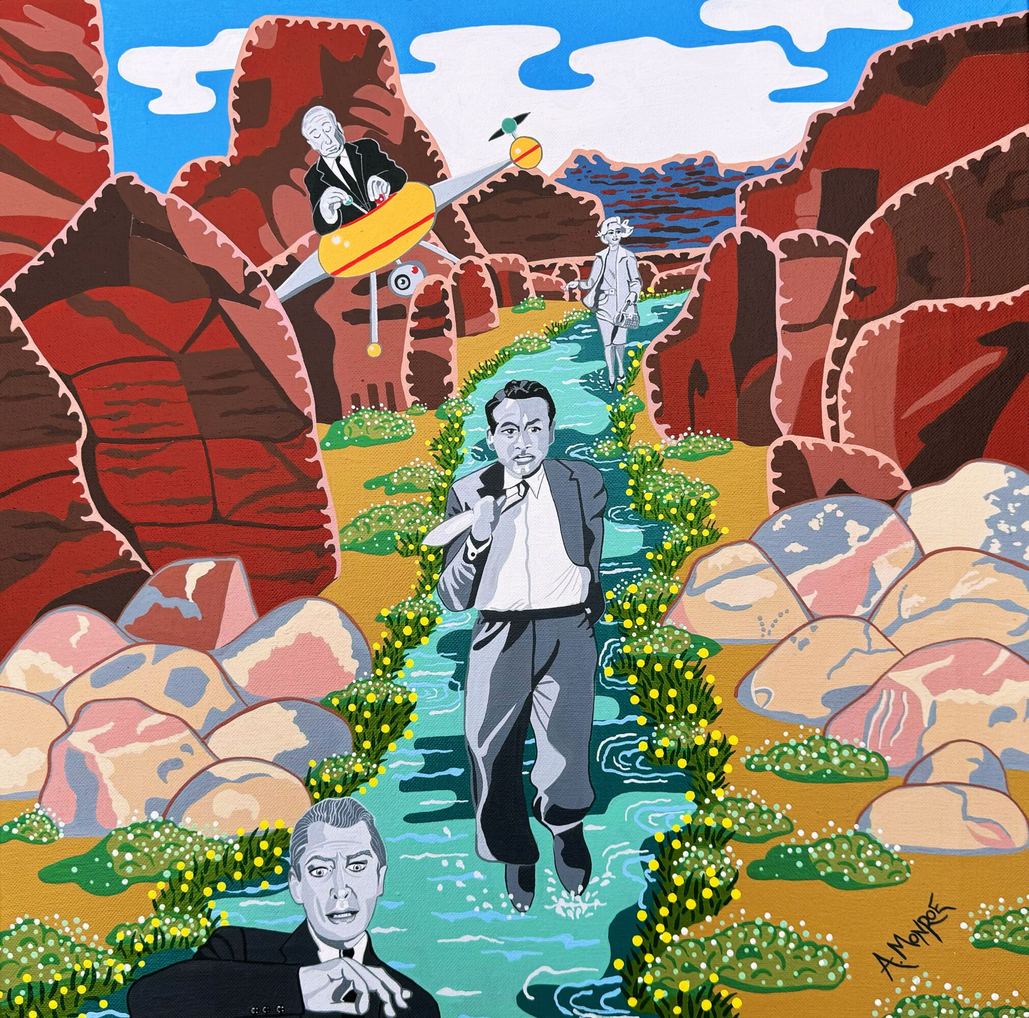 Three men in suits walk through a colorful rocky landscape with a stream and yellow flowers, stylized illustration.