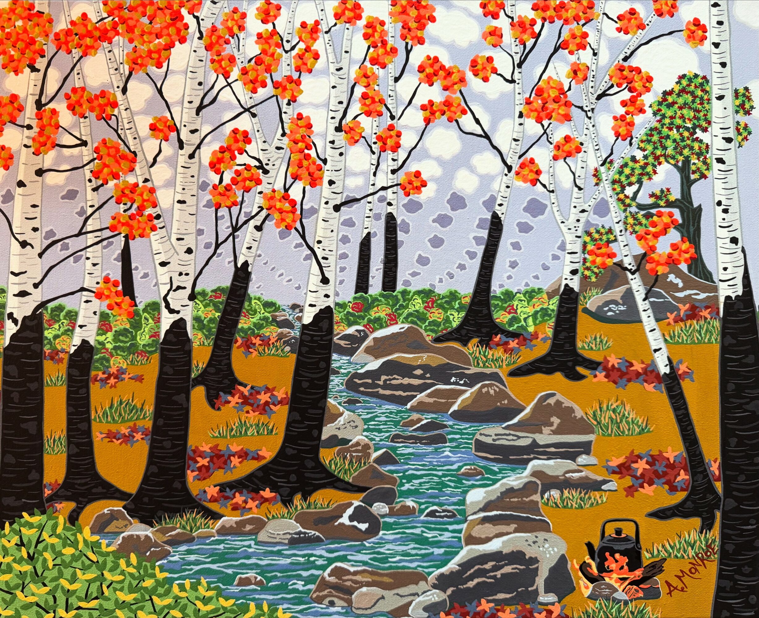 Autumn scene with colorful trees, a stream, rocks, and a small black bear near the water, in a forest setting.