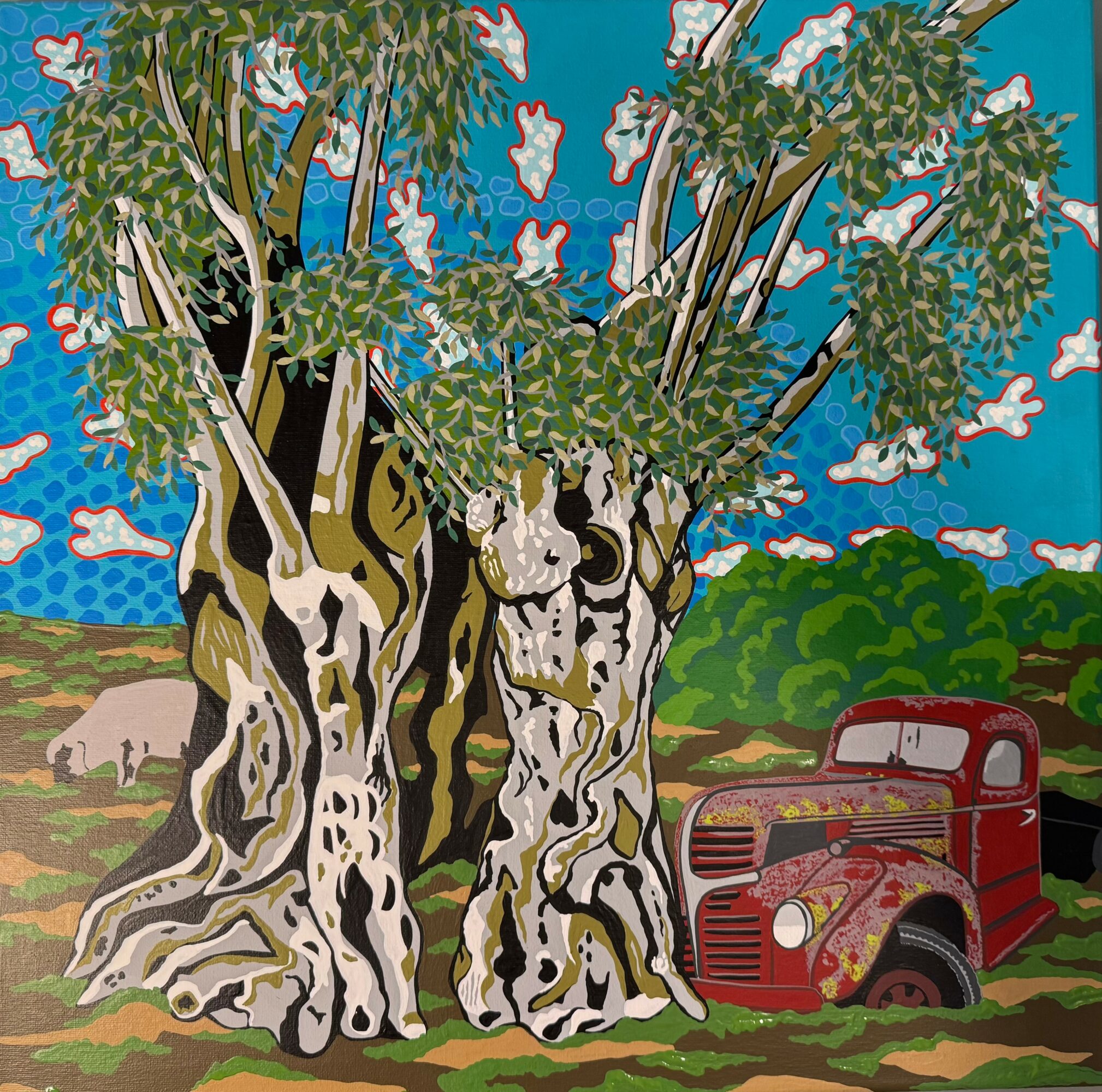 Two large trees with twisted trunks and green leaves, an old red truck, and a landscape with hills and sheep.