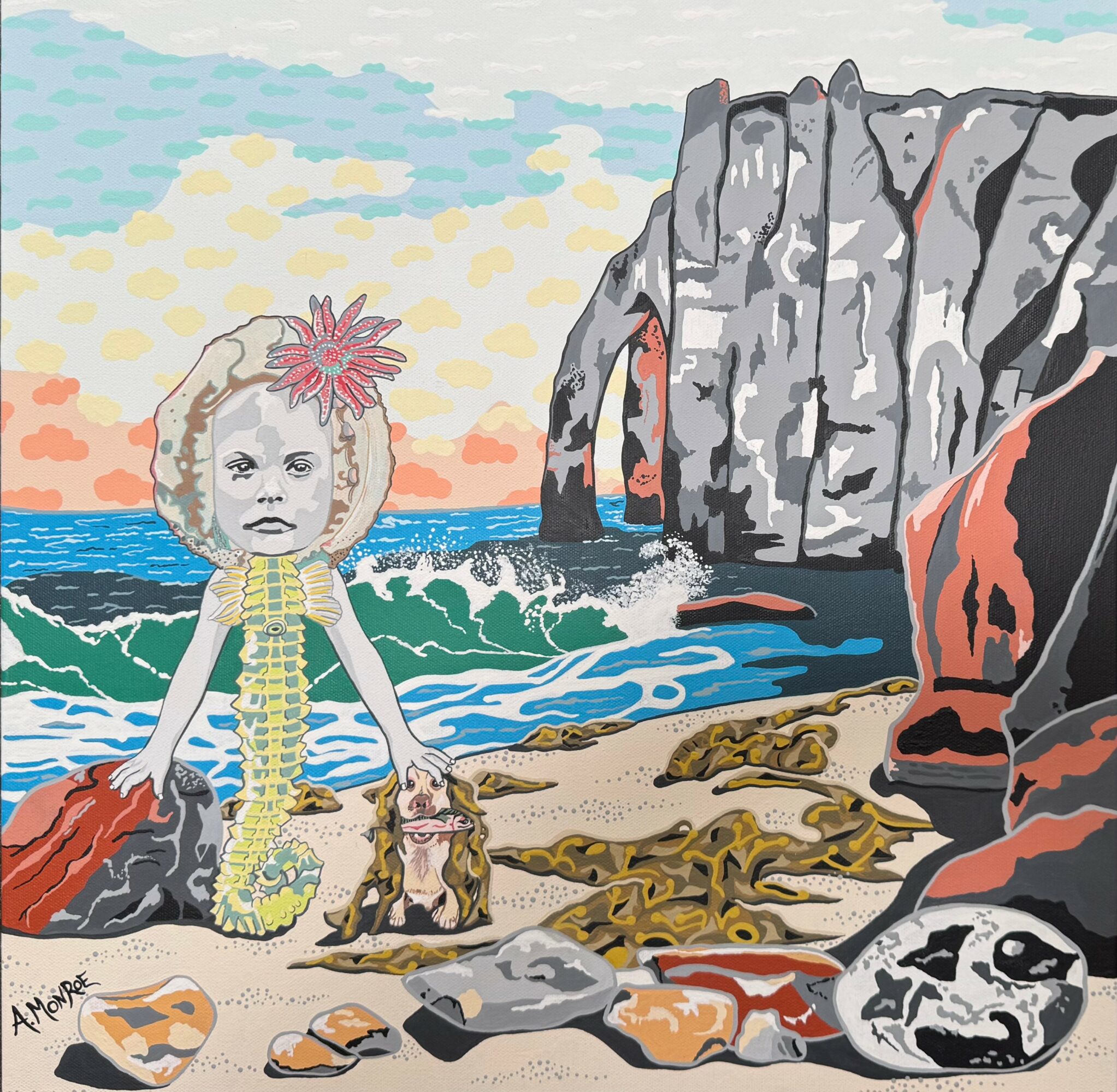 A surreal scene with a girl with a flower in her hair, standing on a beach with rocks and cliffs, ocean, and sky.