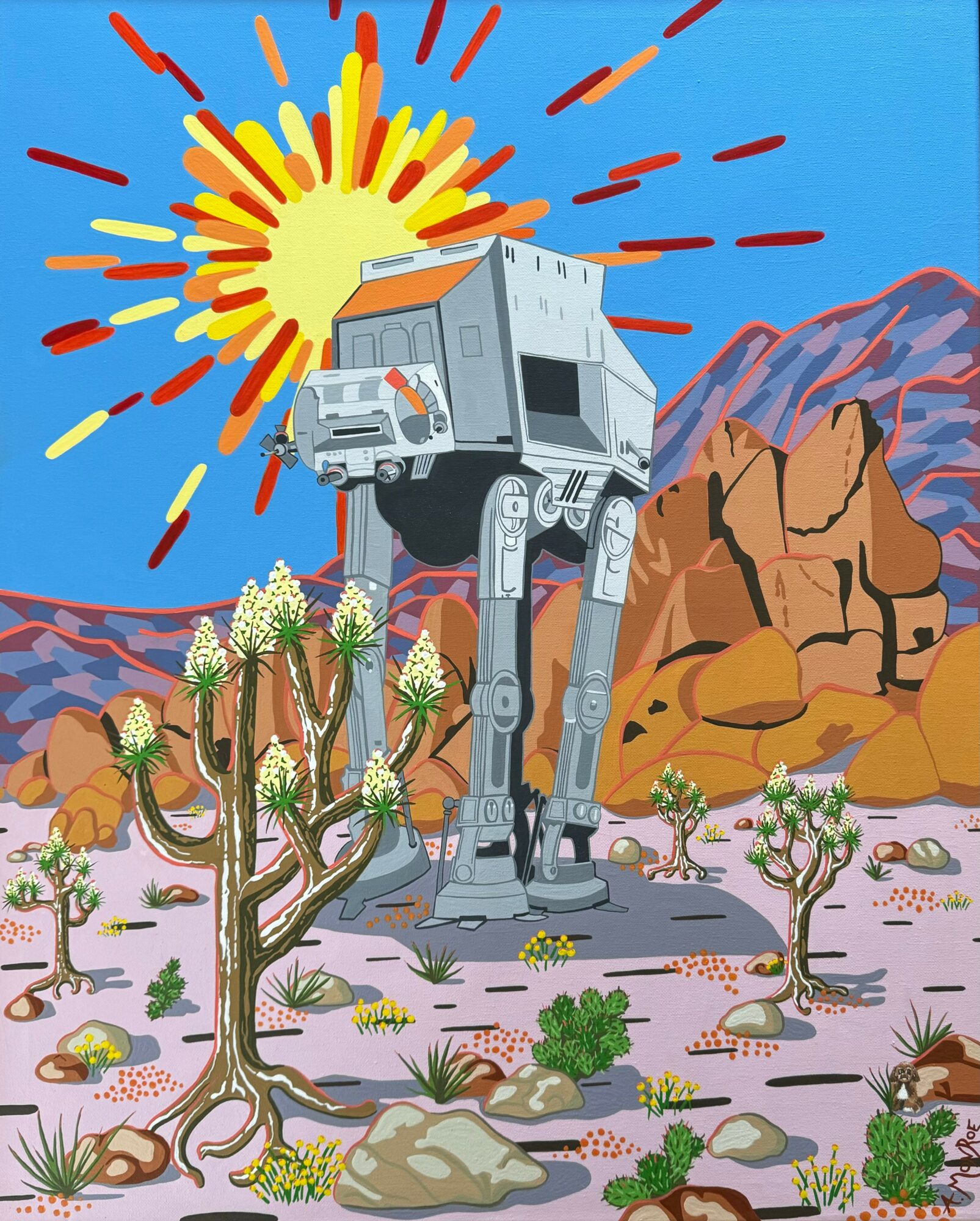 A futuristic vehicle on stilts in a desert landscape with cacti, mountains, and a bright sun with colorful rays.