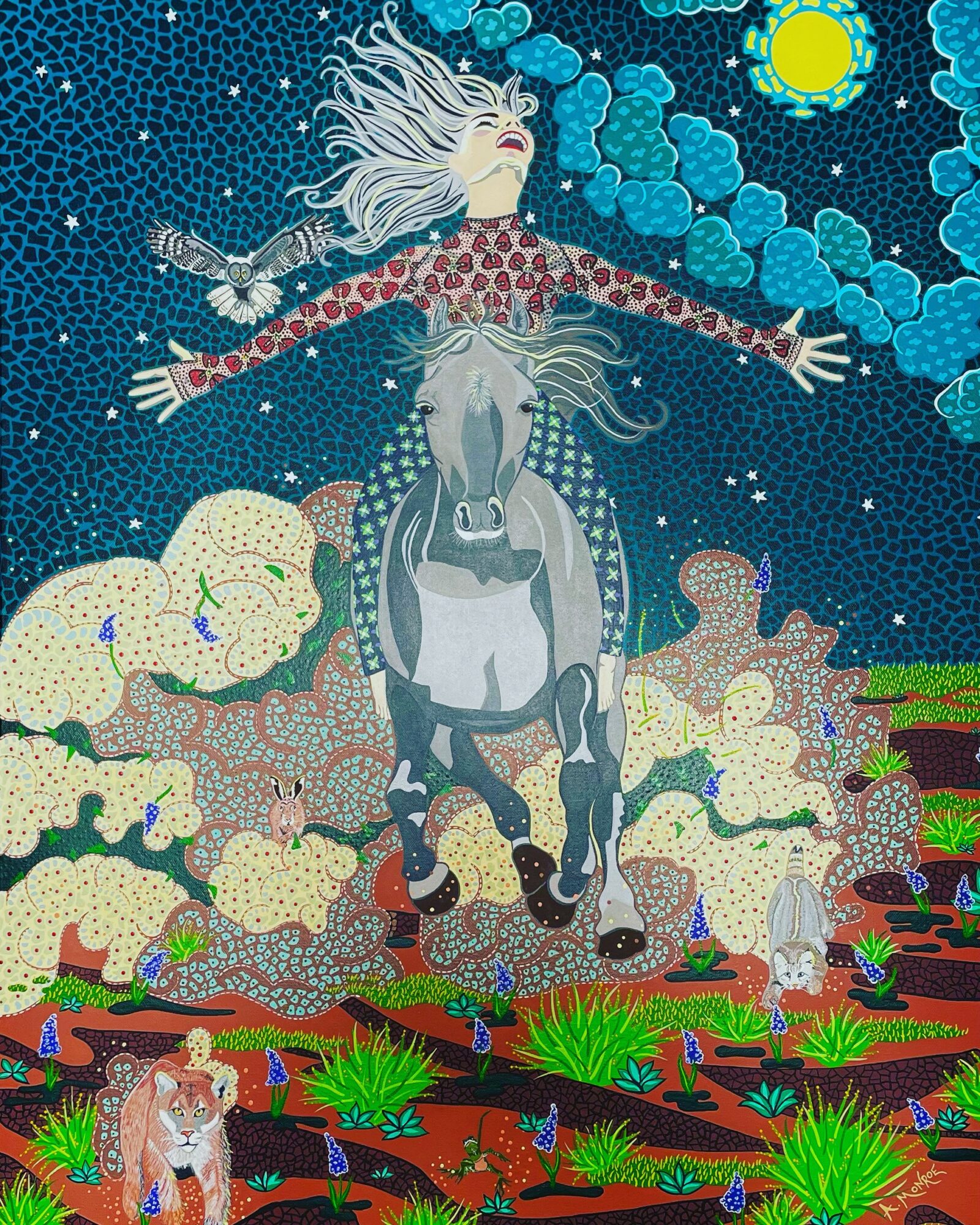 A woman with flowing hair rides a horse in a starry night landscape with clouds, plants, and animals.