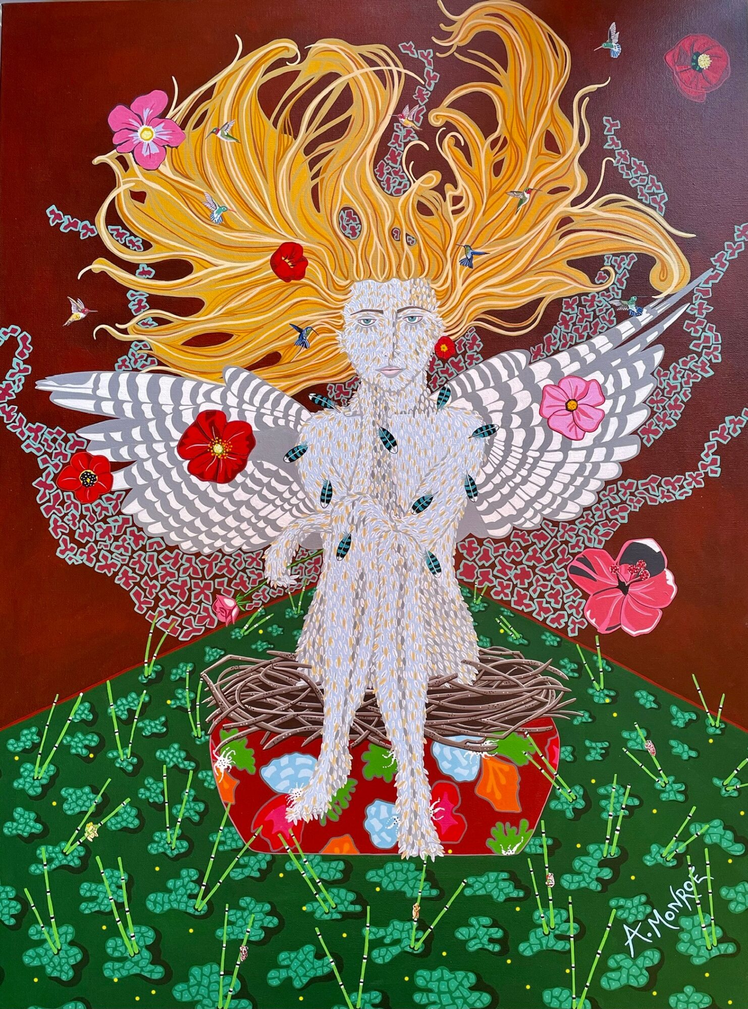 A fairy with long flowing hair, butterfly wings, standing on a flowered platform, surrounded by flowers and greenery.