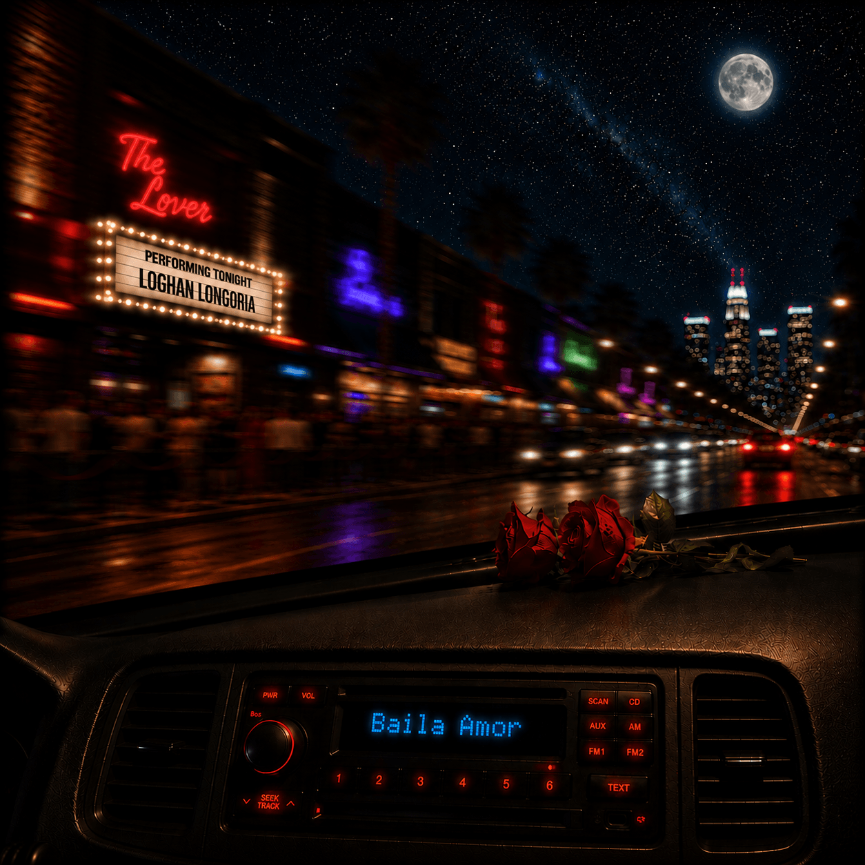 Night city street scene with neon signs, city skyline, and a full moon, viewed from inside a vehicle. Dashboard visible.