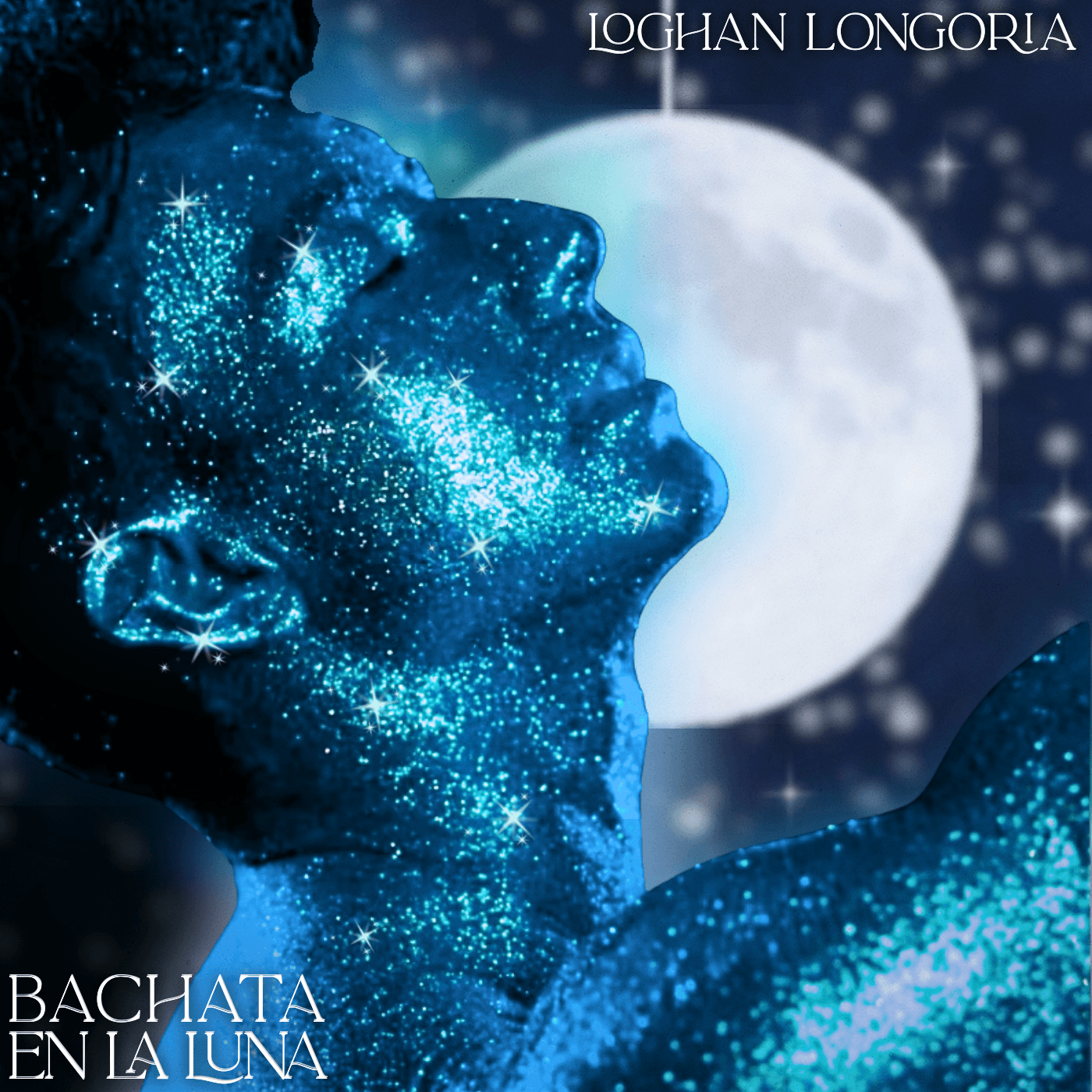 Profile of a person with a starry, galaxy-like face and body, against a moonlit night sky background.