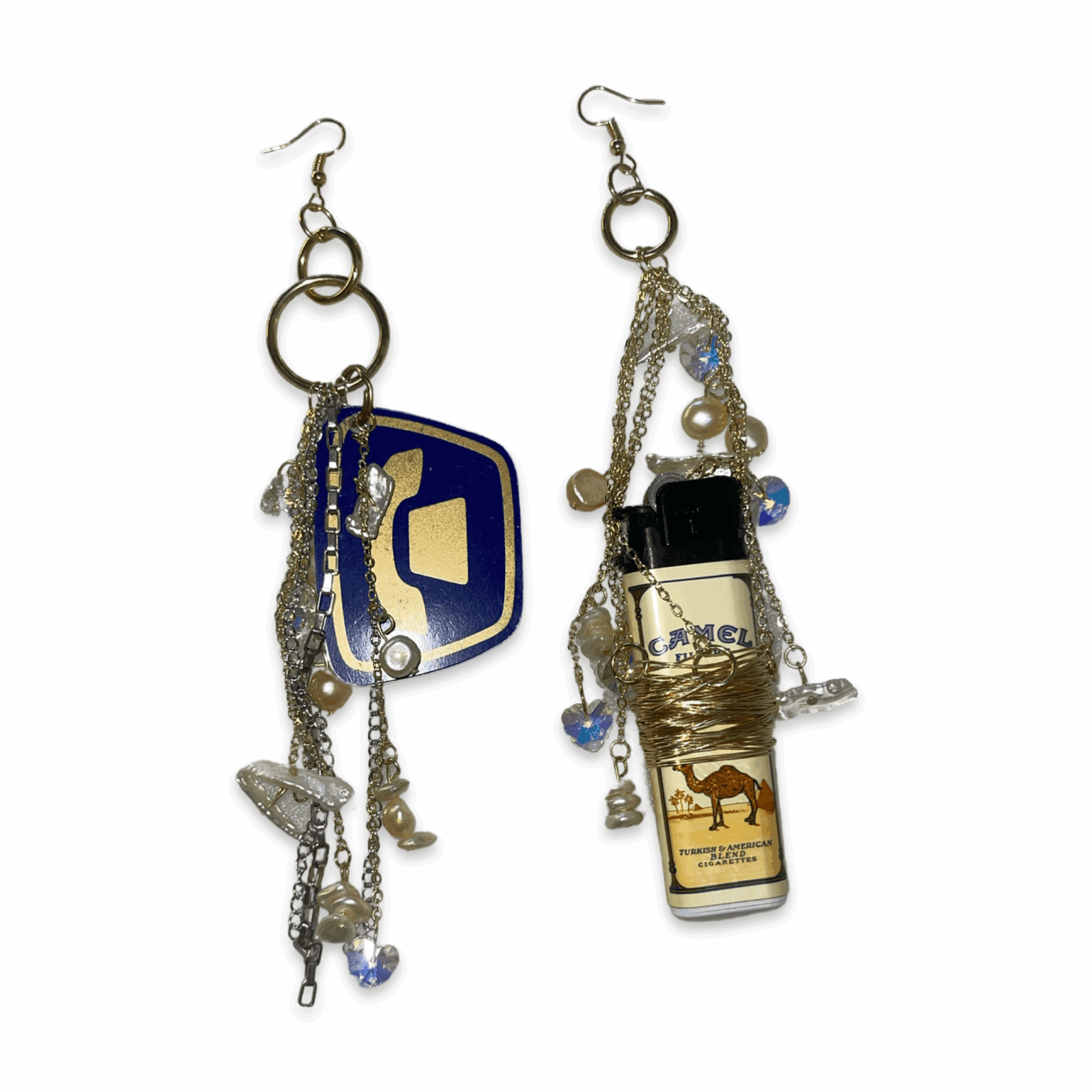 Pair of earrings with charms, including a phone and a blue and yellow logo, hanging from hooks. Word count: 20