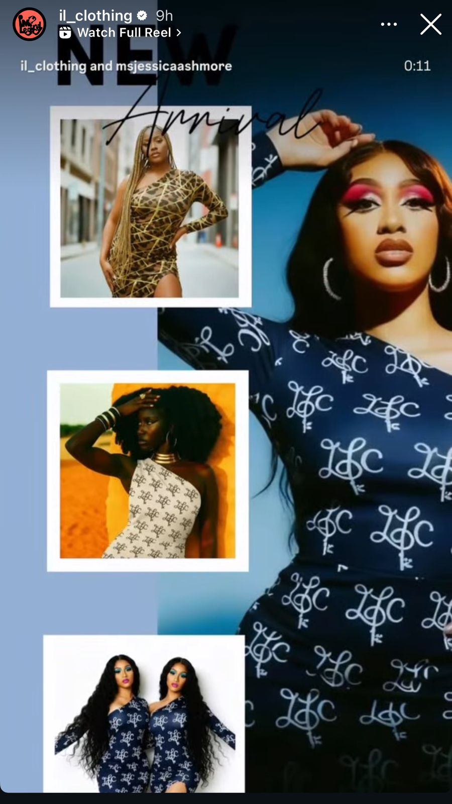Collage of four women in fashionable outfits, with a blue patterned background and white text, posing outdoors and indoors.