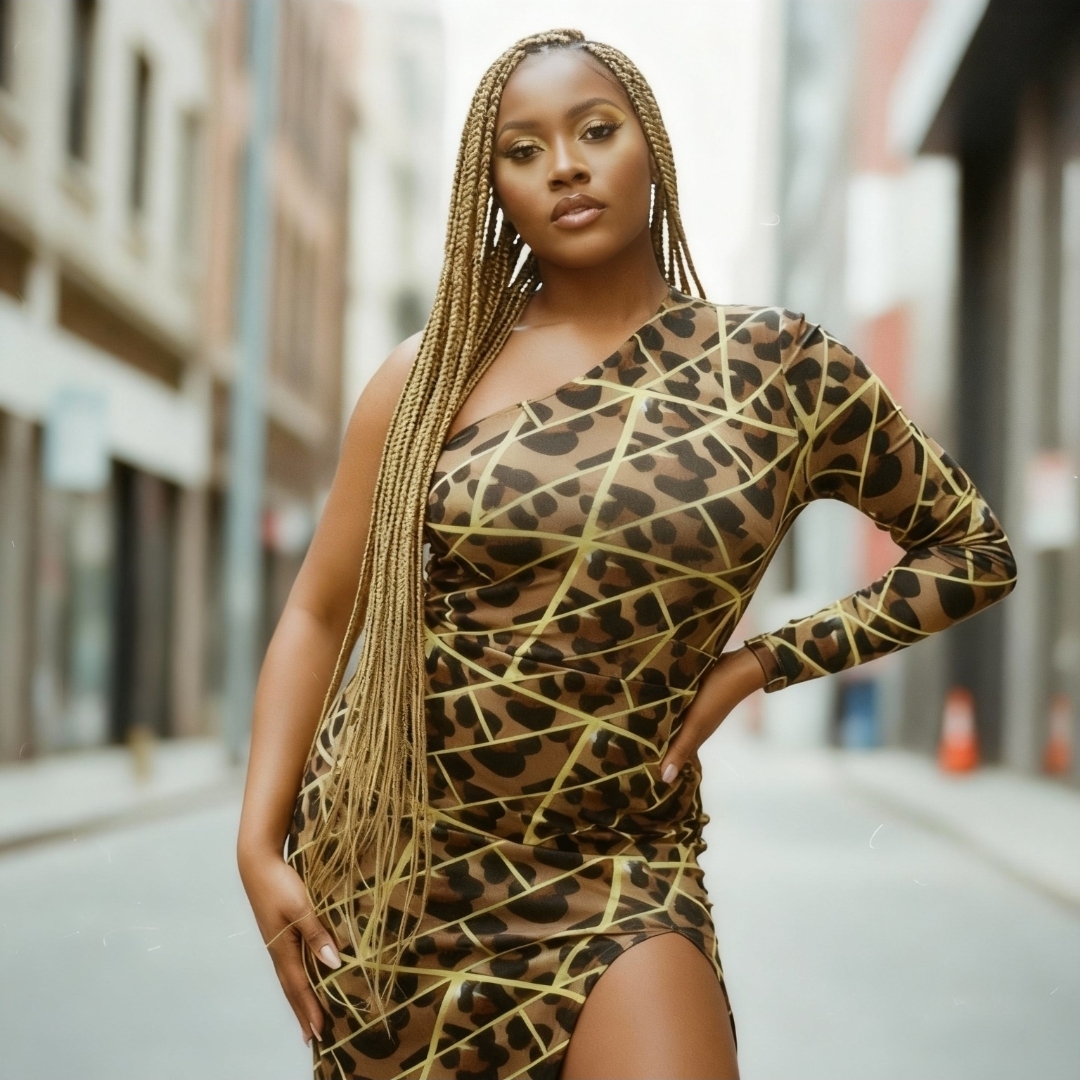 Woman with long braided hair in a leopard print dress standing in an urban street.
