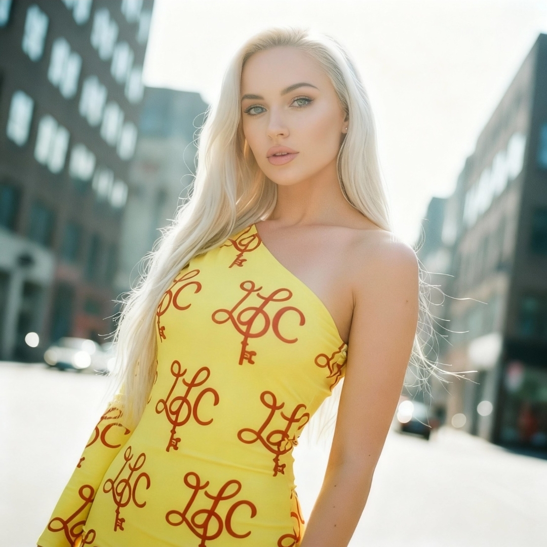 Young woman with long blonde hair in a yellow dress with red patterns, standing outdoors in an urban setting.
