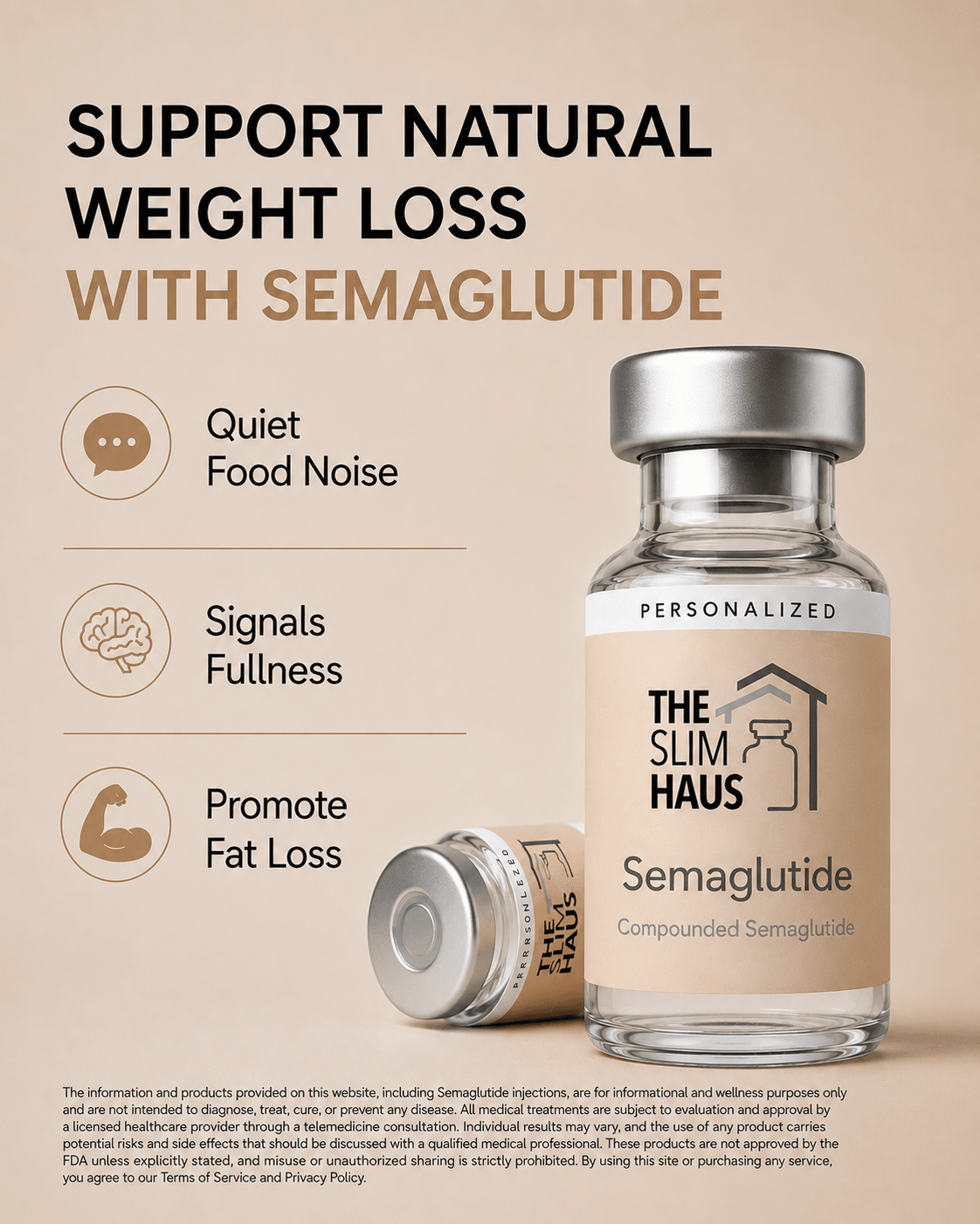 Advertisement for a weight loss supplement called Semaglutide, showing a vial and text about benefits, on a beige background.