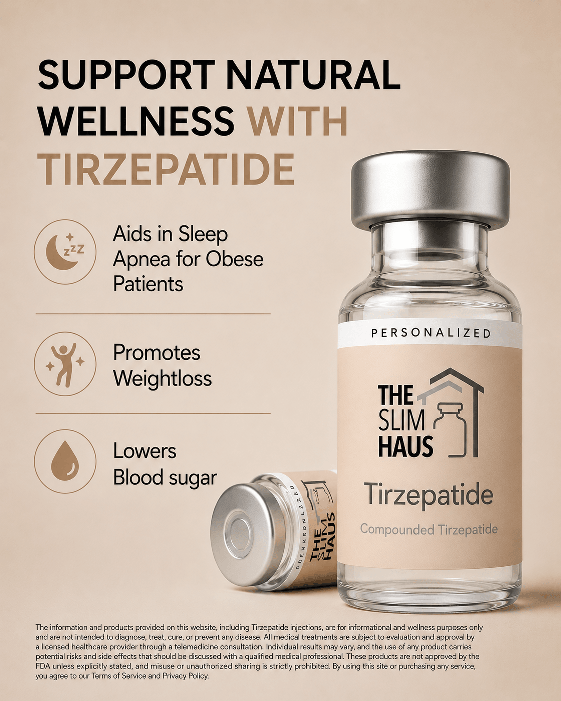 A promotional poster for a tirzepatide product, showing a vial and text about health benefits, with a light background.