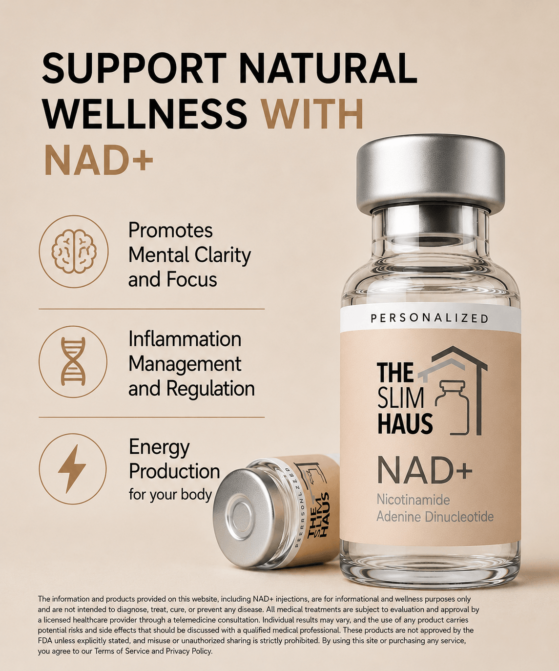 A glass bottle labeled NAD+ with a silver cap, promoting wellness benefits, against a light background.