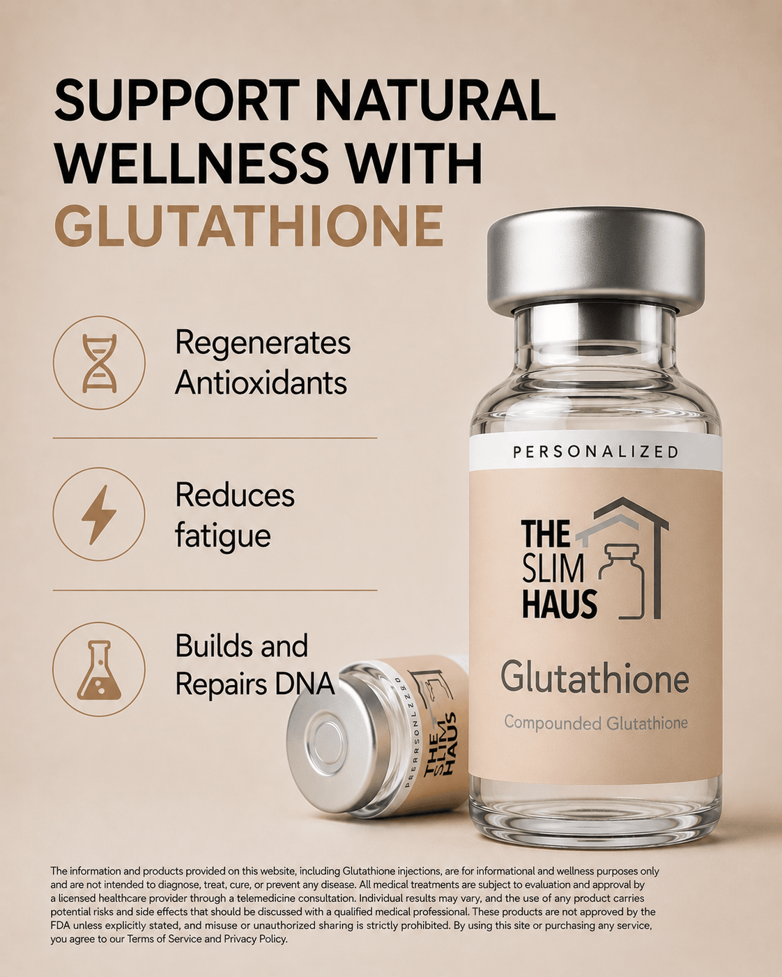 A supplement bottle labeled Glutathione with text about supporting wellness, regeneration, reducing fatigue, and repairing DNA, on a beige background.
