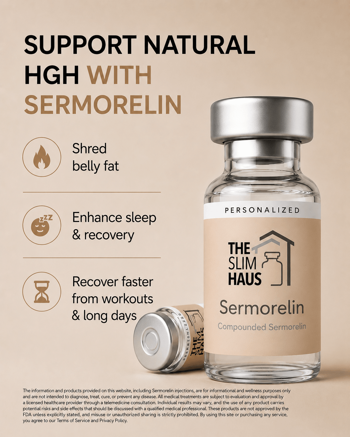 A small glass vial labeled 'Semorelin' with a beige label and silver cap, placed on a beige background.