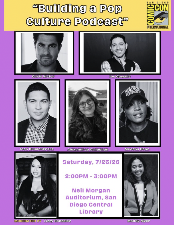 Poster for a podcast with six black-and-white headshots of people, event details, and a yellow header. Text includes date, time, location.