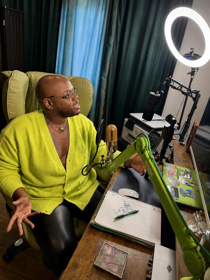 Person with glasses and a yellow cardigan sitting at a desk with a green robotic arm, ring light, and computer.