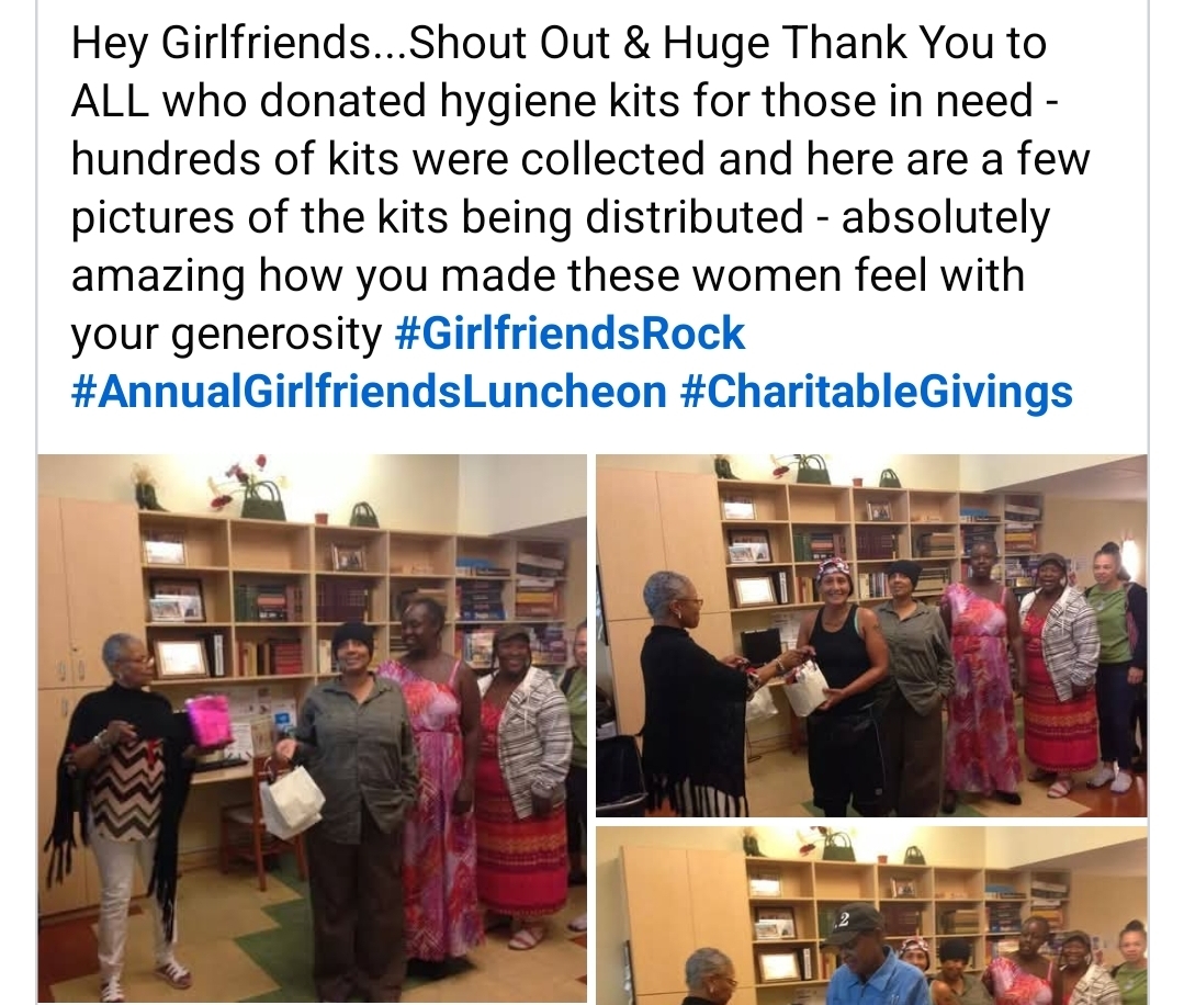 Group of people in a room with shelves, some holding hygiene kits, celebrating donation event, with a woman in a pink dress. Word count: 20