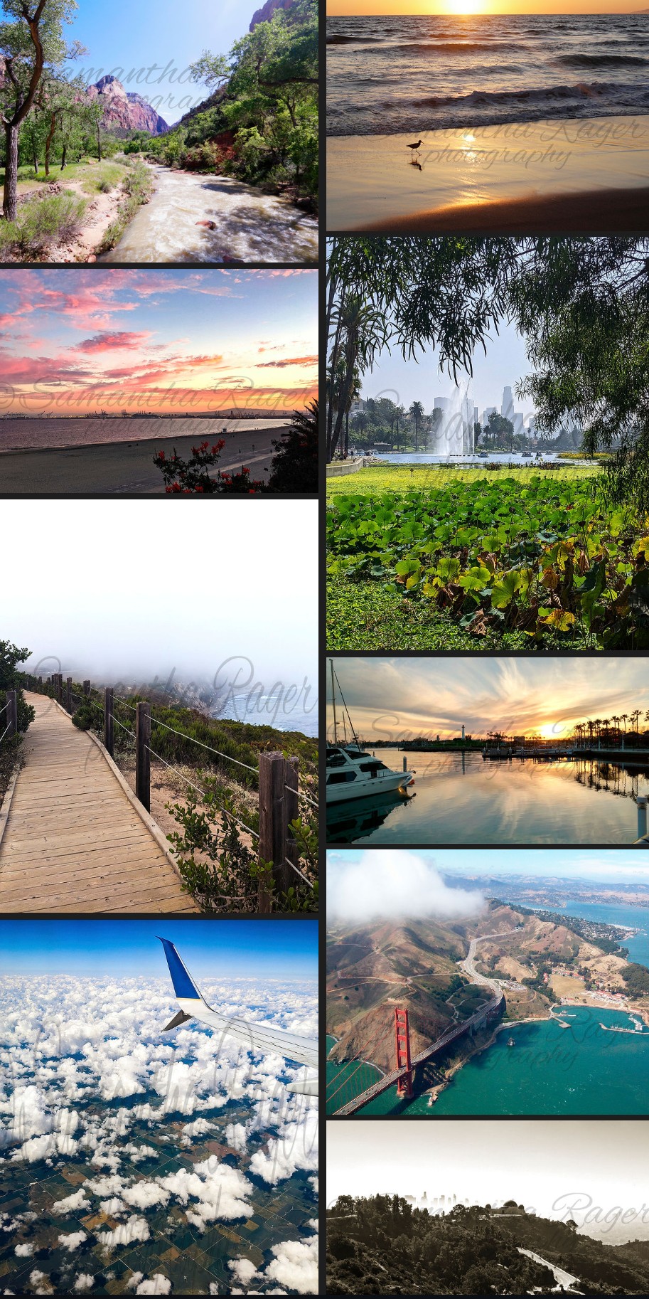 Six landscape images: mountain trail, beach sunset, boat on water, lush greenery, dock, aerial view of coastline.