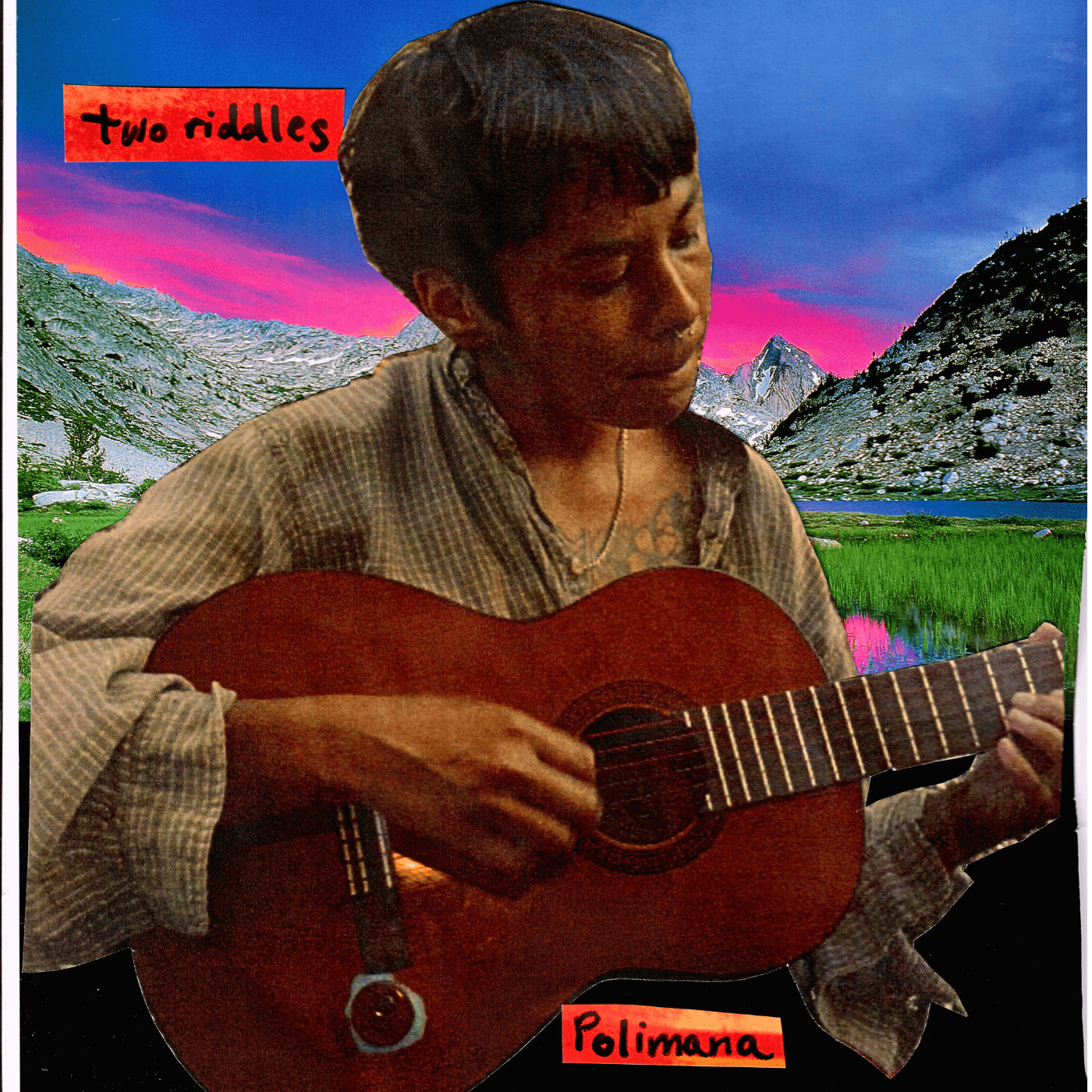 Child playing guitar outdoors with mountains and colorful sky in background, text labels 'Two riddles' and 'Poliman' in red boxes.