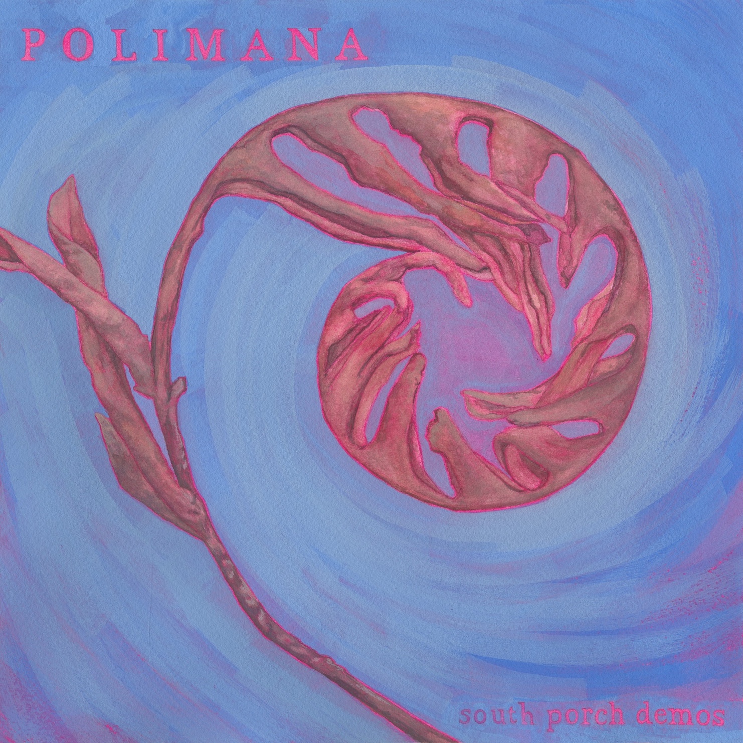 Abstract artwork with pink and purple shapes on a blue background, with the word 'POLIMANA' in pink at the top.