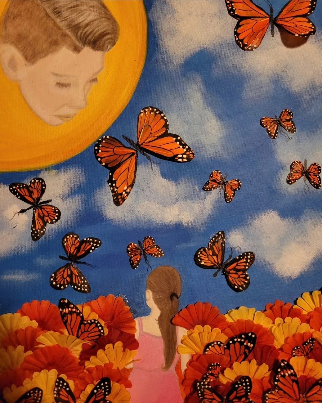 Child's face in a yellow circle, blue sky with clouds, butterflies, and a girl in a pink dress among orange flowers.