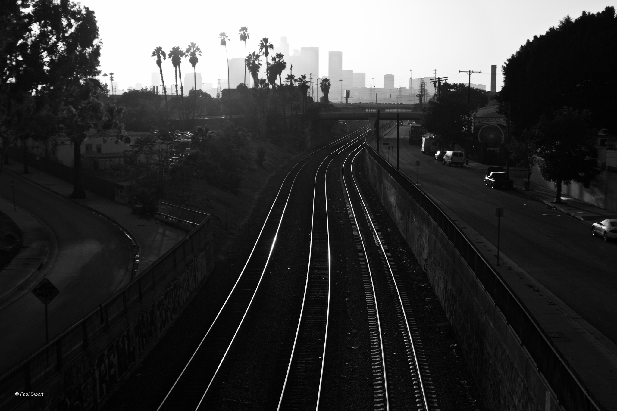 Train tracks curve into the distance with city skyline and palm trees in background, black and white image.
