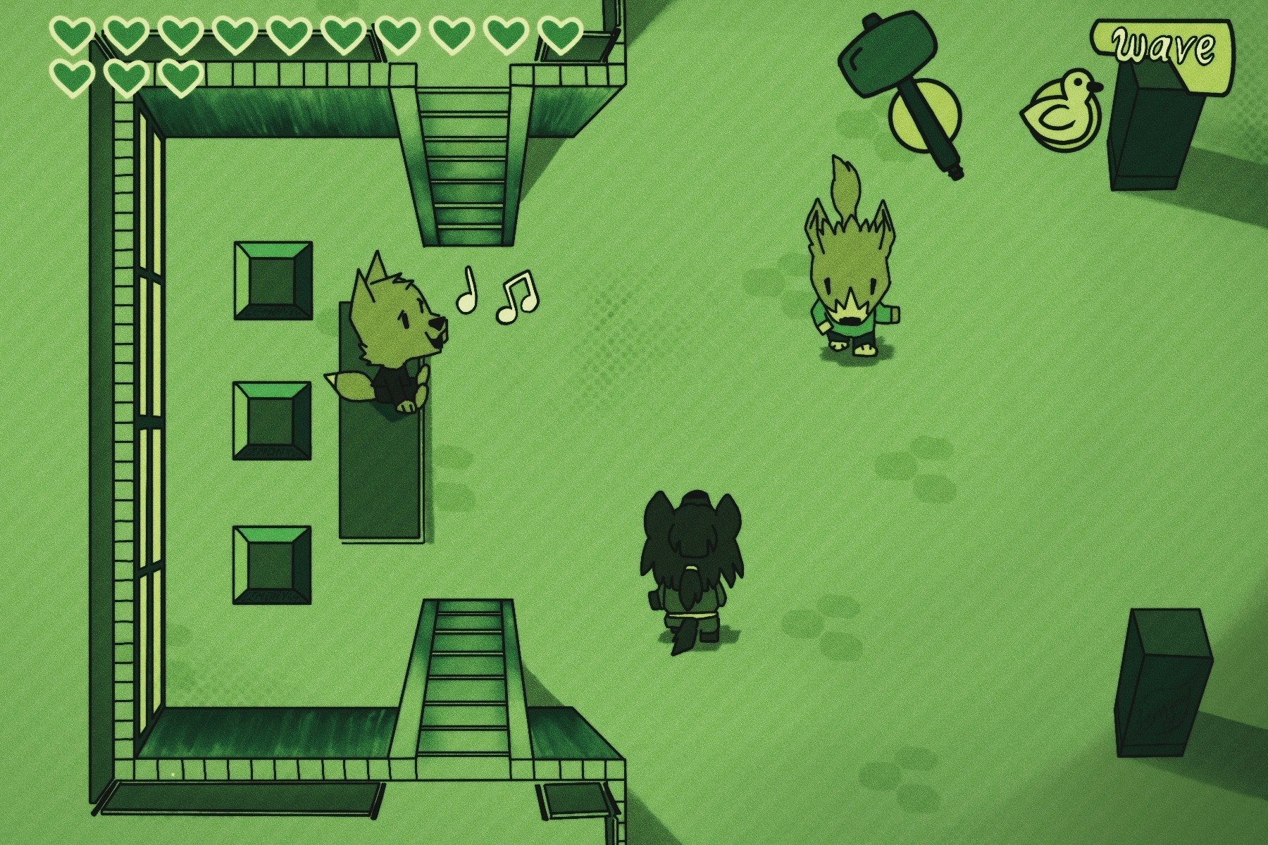 Two pixelated characters with spiky hair and animal ears stand on a green platform, with objects and a staircase nearby.