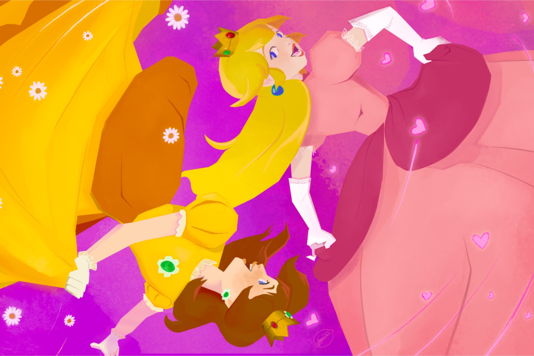 Two animated characters, a girl with long yellow hair and a girl with brown hair, lying on a colorful background with flowers.