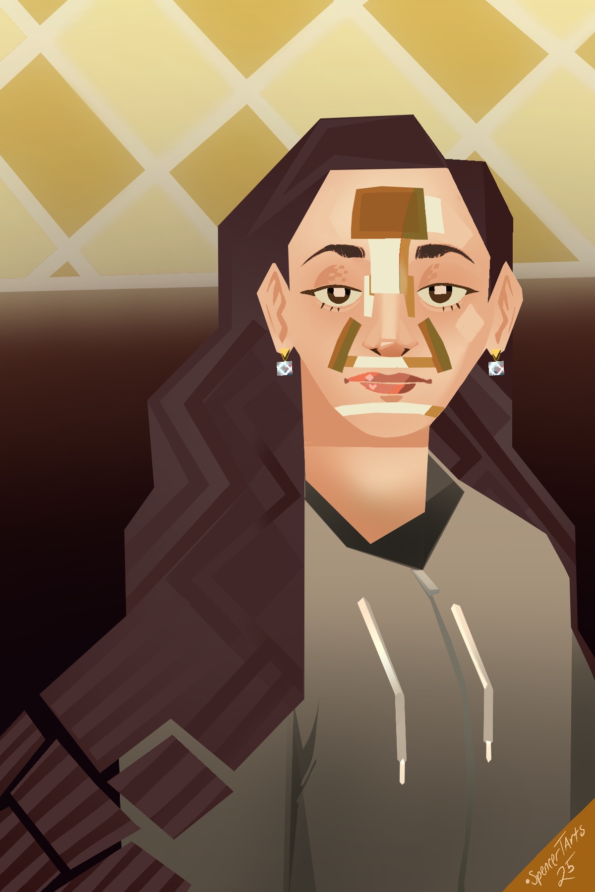 Digital illustration of a woman with long dark hair, earrings, and a hoodie, with tape on her face and forehead.