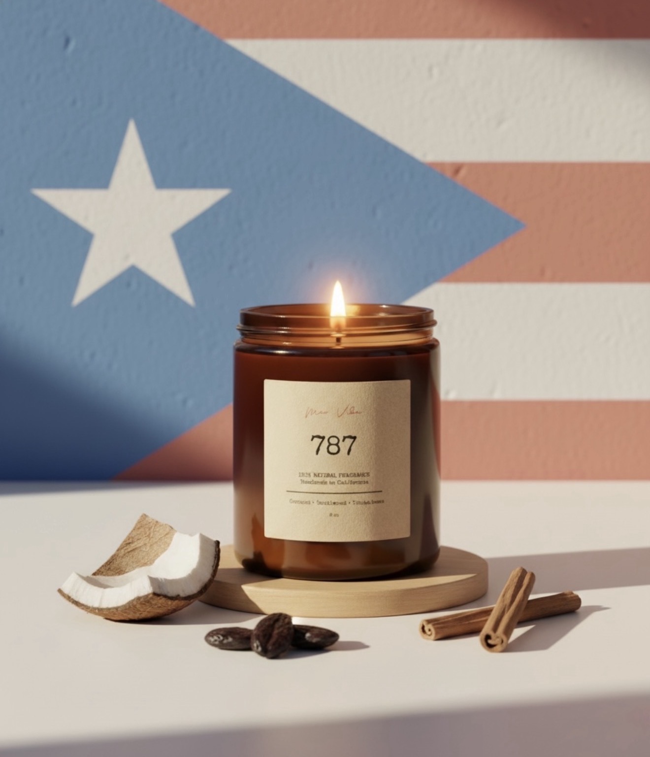 A lit candle in a brown jar with a label, surrounded by cinnamon sticks and spices, against a Puerto Rican flag background.