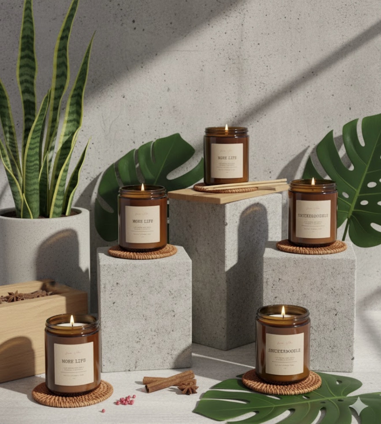 Candles on concrete pedestals with green plants and shadows, in a minimalistic setting. Five candles with labels and wicker coasters.
