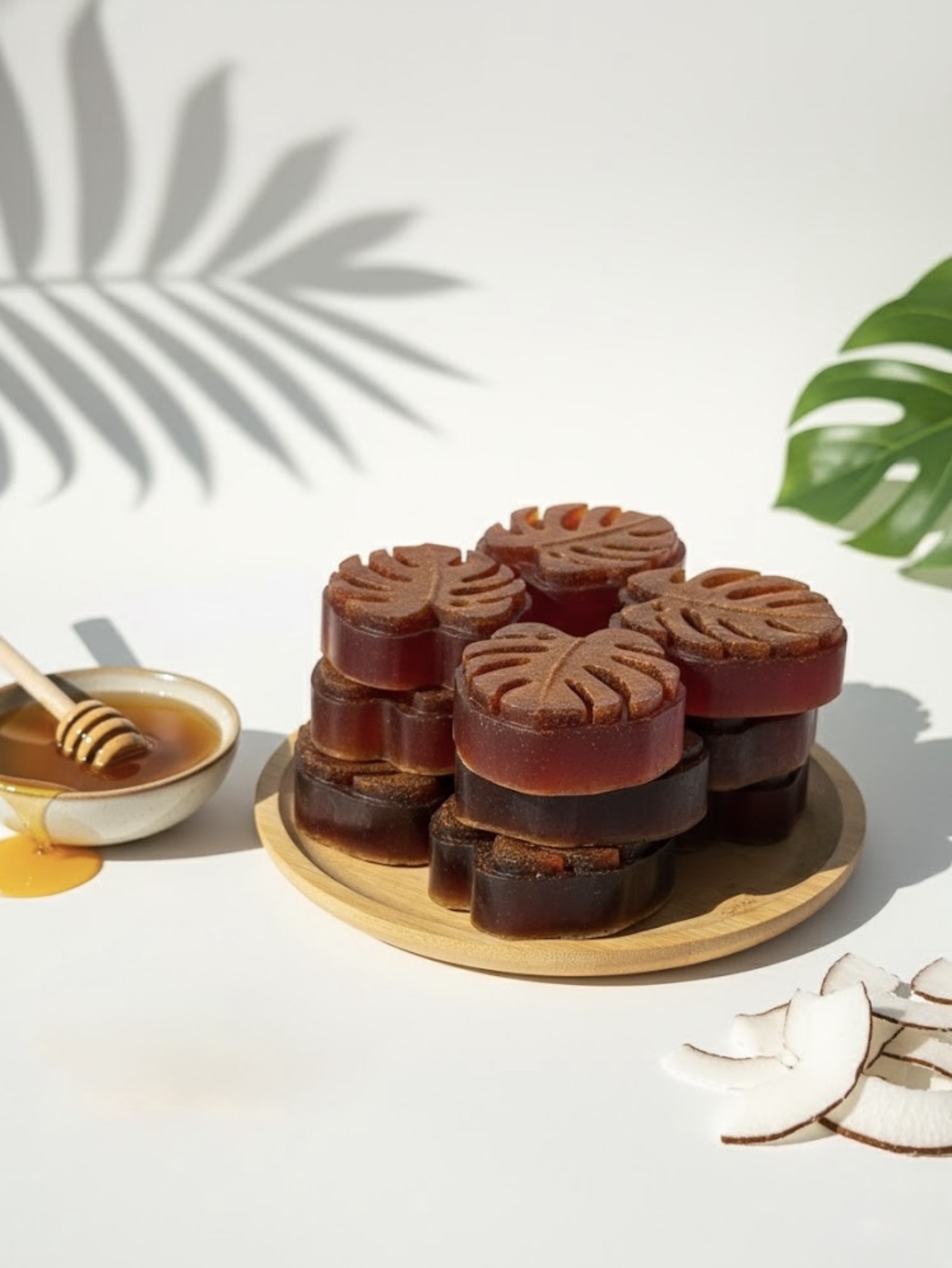 Stack of layered chocolate and fruit-flavored jelly desserts on a round wooden plate, with honey and coconut pieces nearby, against a white background with green leaves.