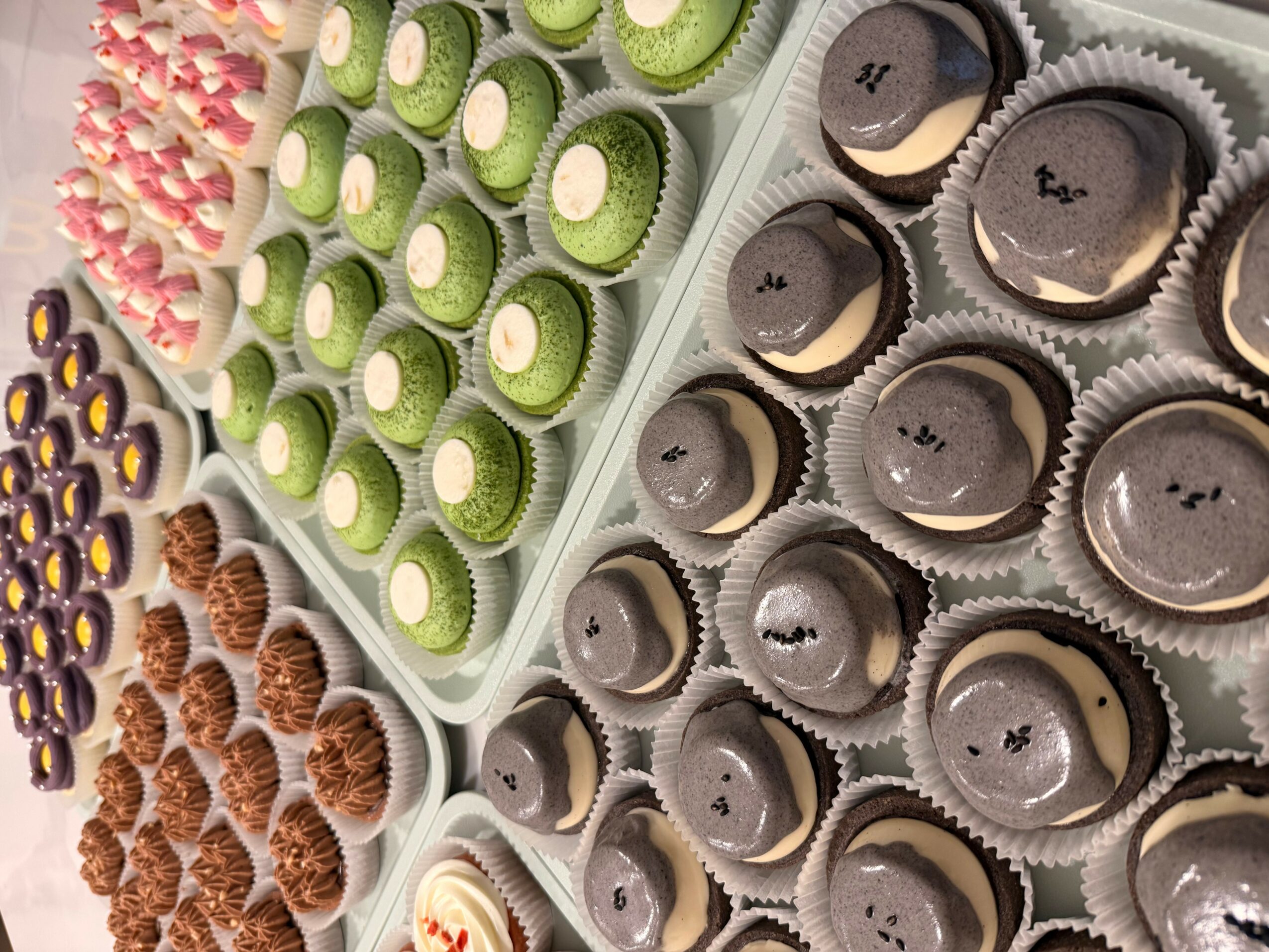 Assorted chocolates and green and pink desserts arranged in trays, viewed from above.