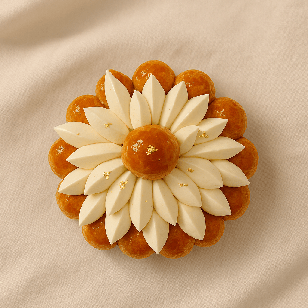 Decorative flower-shaped arrangement with white petals and orange center, on a light surface.