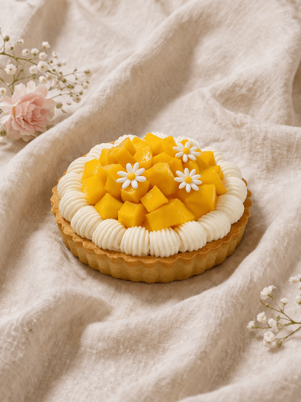Fruit tart with mango pieces and white flower decorations on a beige fabric, with pink and white flowers nearby