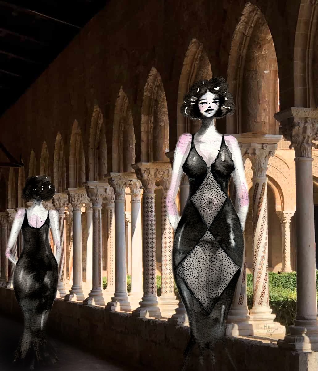 A woman in a black and gray dress stands in a corridor with arches and columns, facing forward.