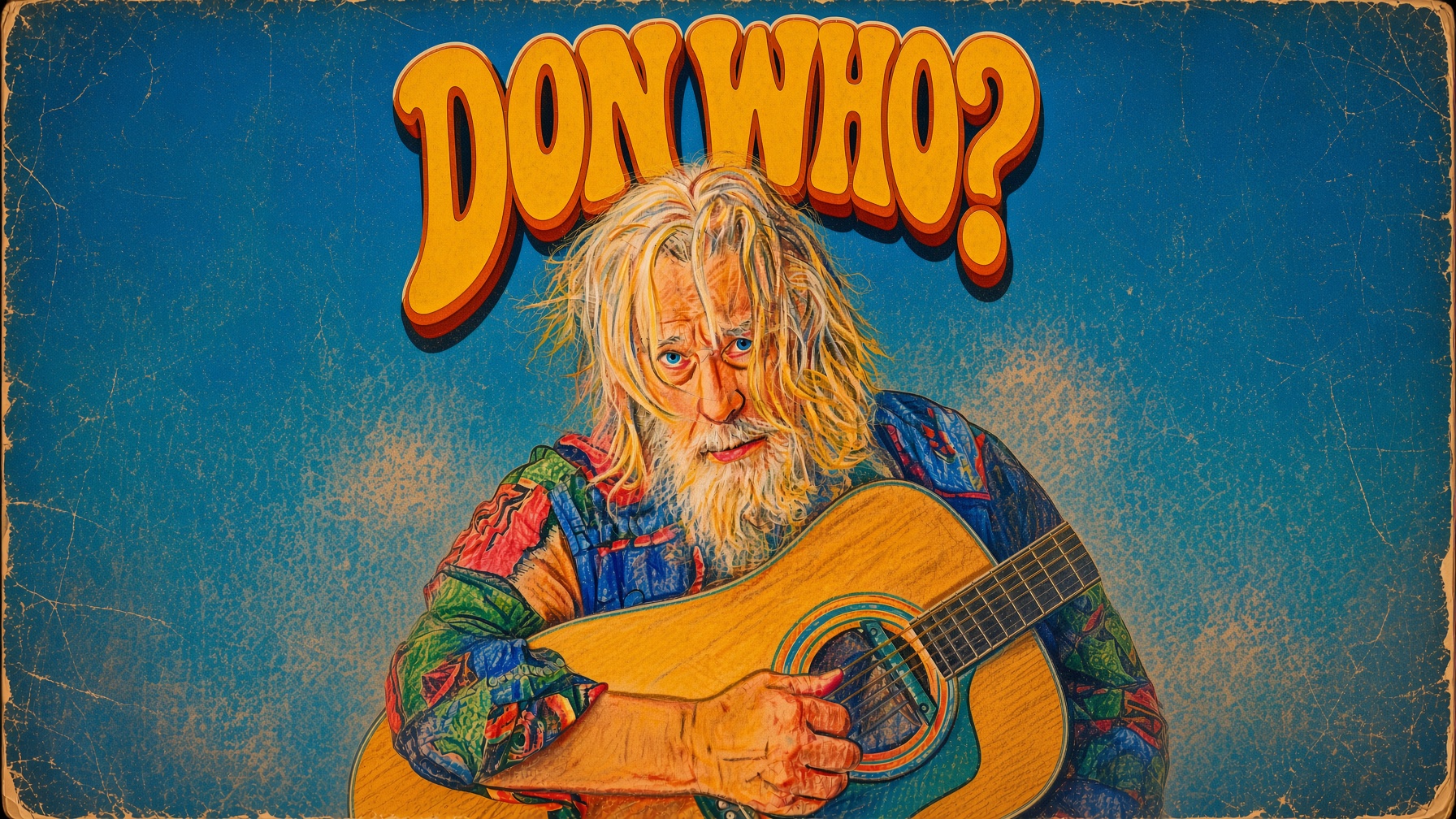 Cover of Don Who? featuring an elderly man with long hair and beard playing a guitar against a blue background.