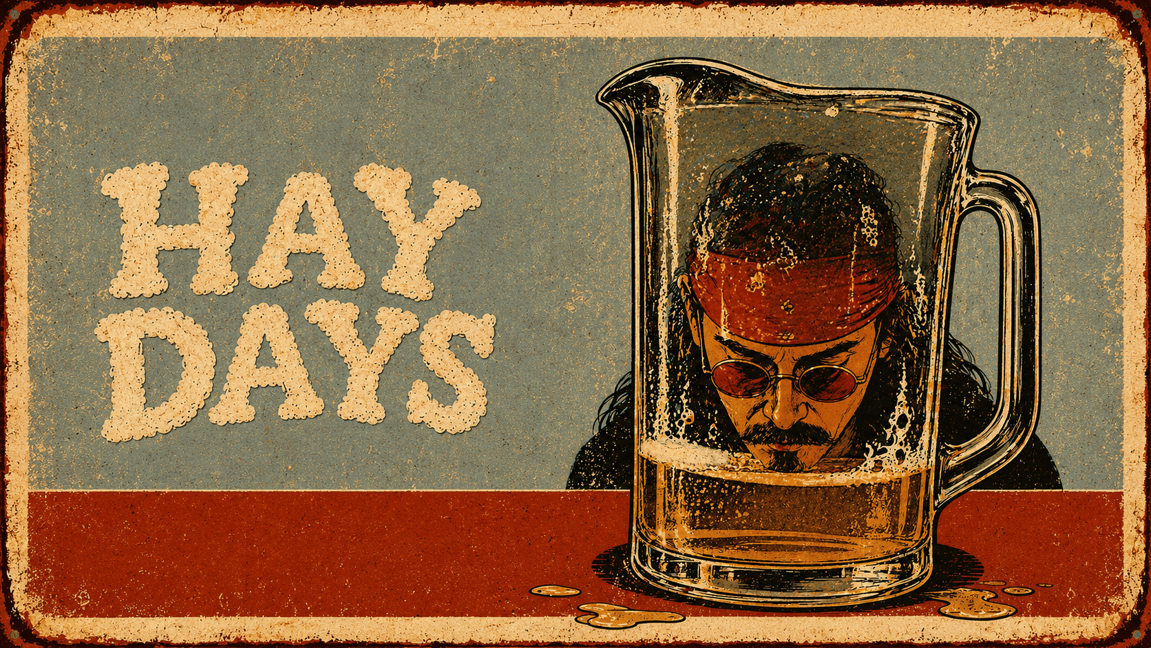Vintage poster with text 'HAY DAYS' and a person with sunglasses inside a glass mug, head bowed down.