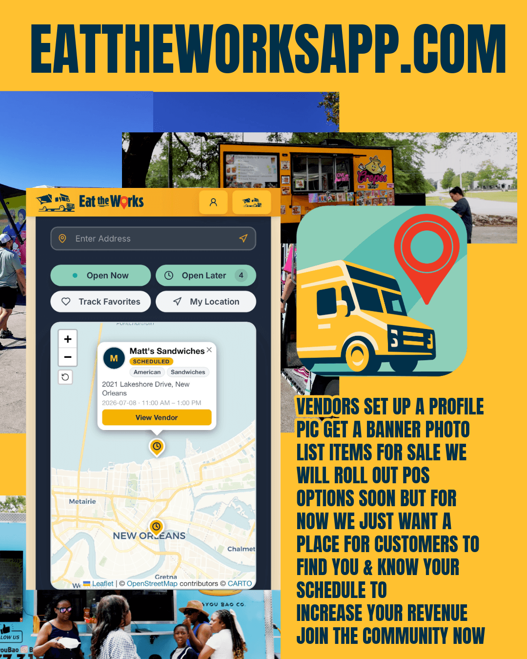 Mobile app interface with map and profile details, yellow food truck, and a person at a food stand outdoors.