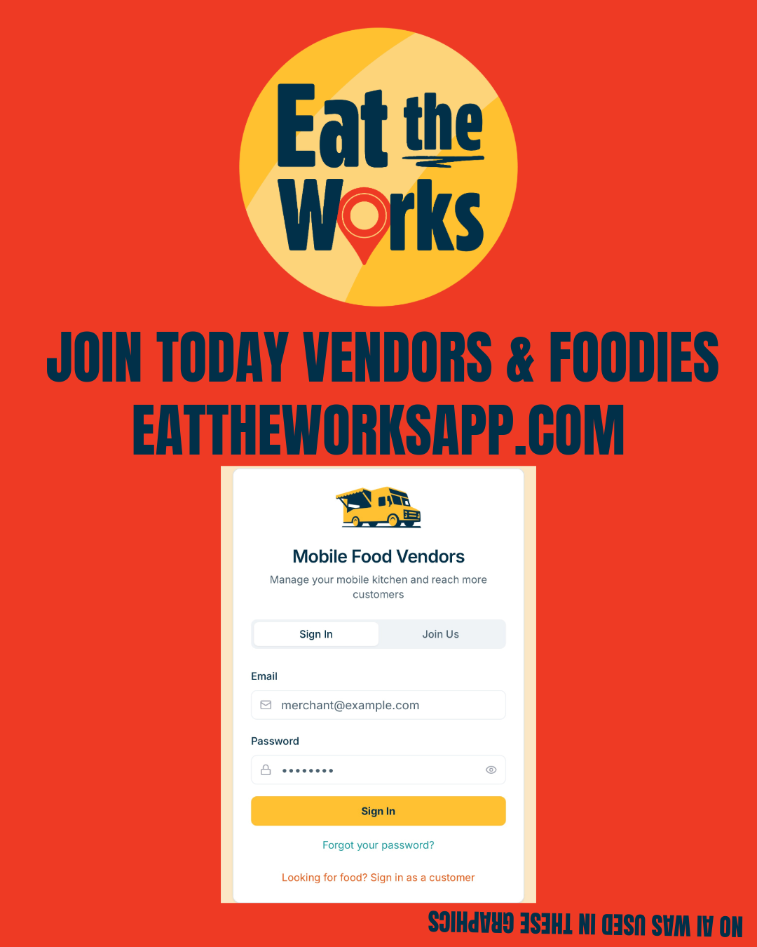 Promotional poster with a red background, yellow circle with text, and a sign-up form for vendors and foodies.