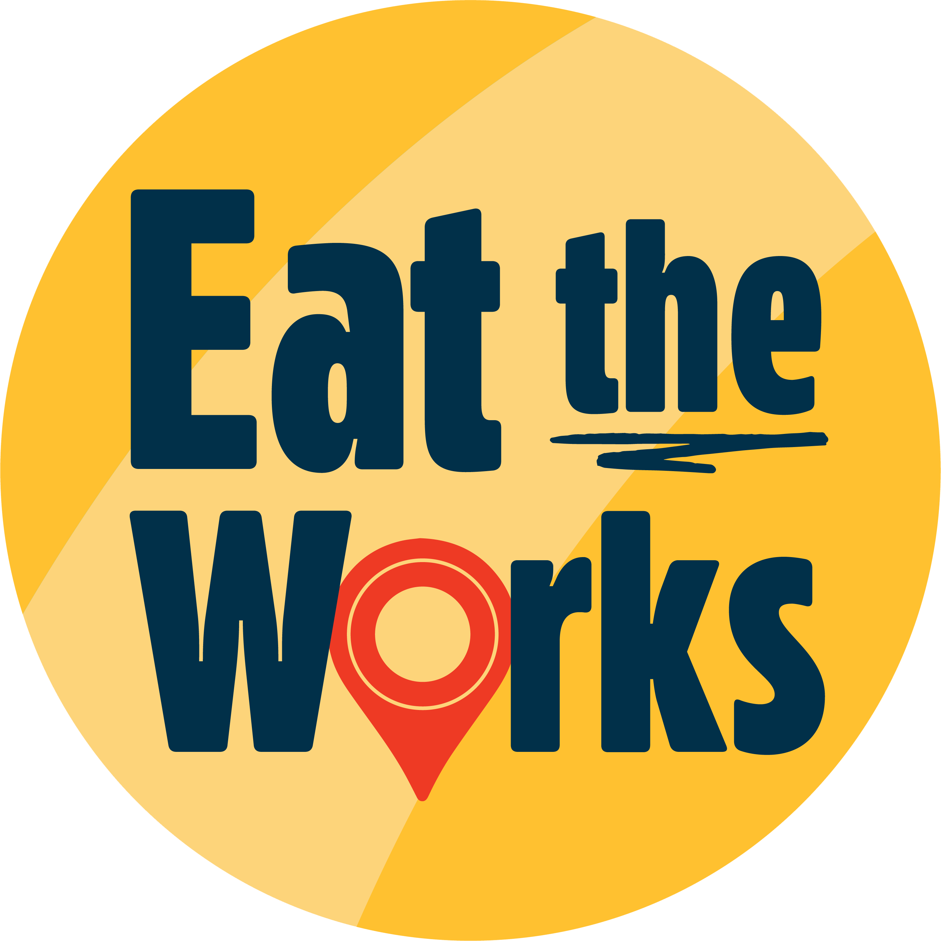 Circular logo with yellow background and bold dark blue text reading 'Eat the Works' with a red location pin icon.