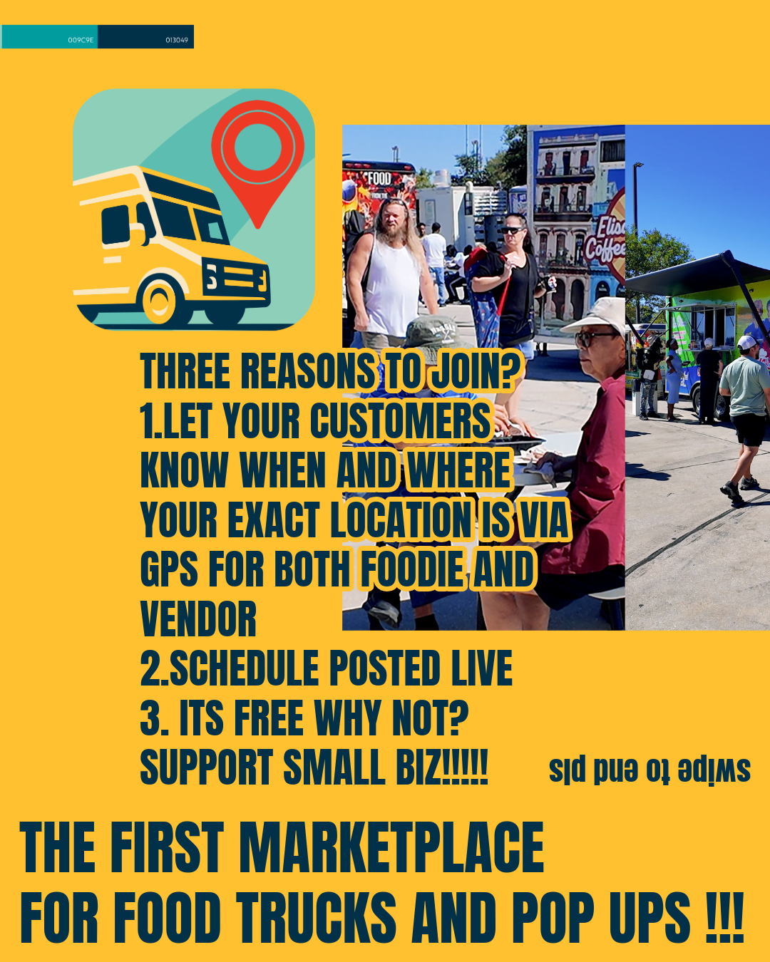 Food truck and marketplace scene with people, text about joining a food truck marketplace, and reasons to join.