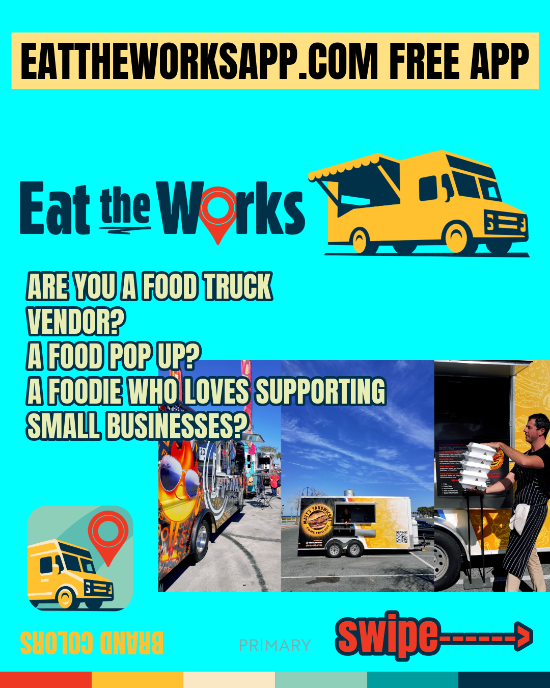 Advertisement for food truck support with images of food trucks and a person handling food, blue background, and text. Word count: 20.