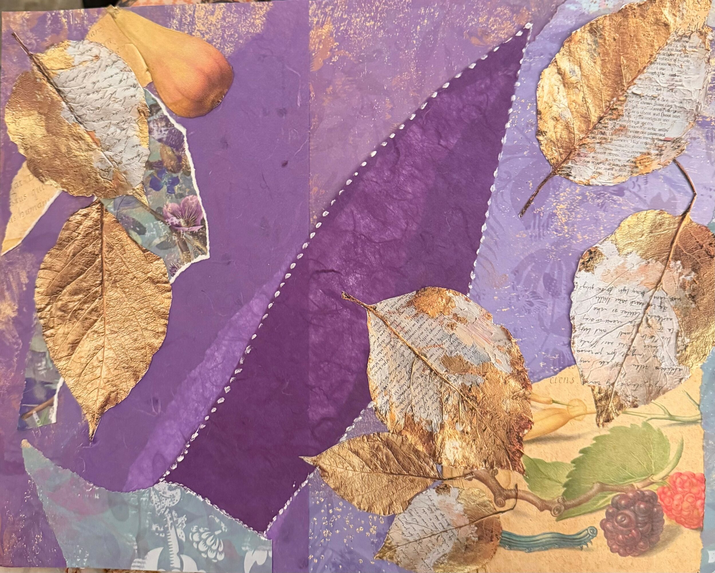 Leaves and a purple background with a textured appearance, some leaves are gold-colored, others are brown and green.