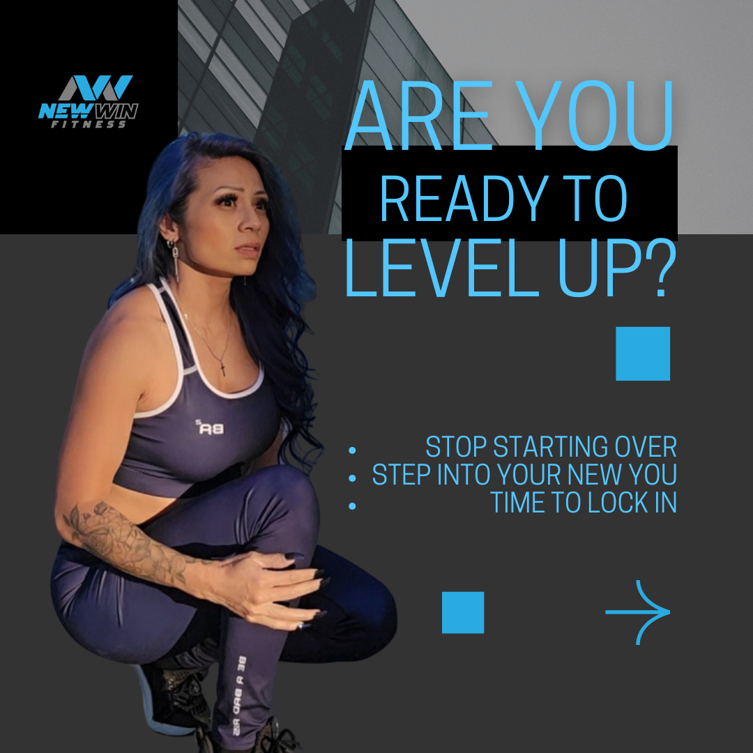 A woman with blue hair crouching in workout attire against a city background, with text about leveling up. Word count: 27.