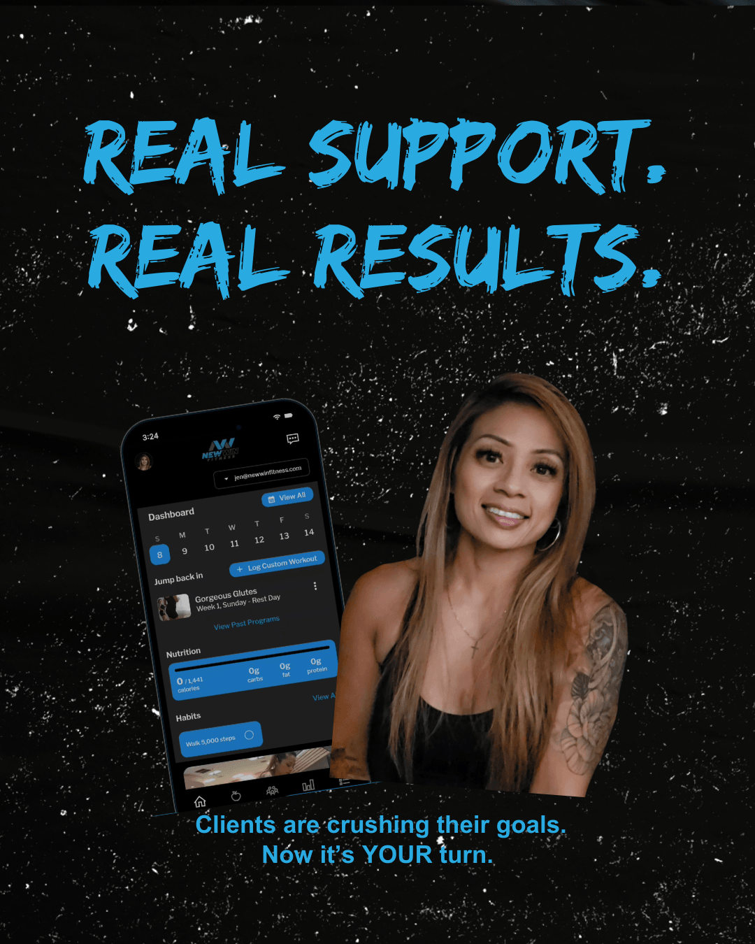 A woman with long hair smiling, holding a phone displaying an app, with text about support and results, against a starry background.