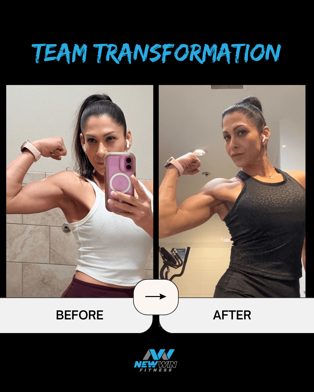 Side-by-side photos of a woman showing muscle transformation, labeled before and after, with text 'TEAM TRANSFORMATION' at top.